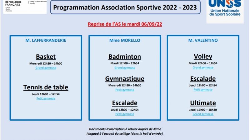 Programmation de l’AS 2022-2023