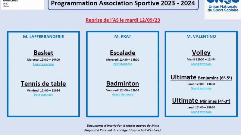 Programme de l’Association Sportive du collège 2023-2024